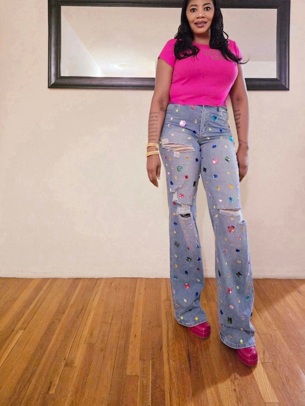 Embellished Light Blue High-Rise Flare Jeans